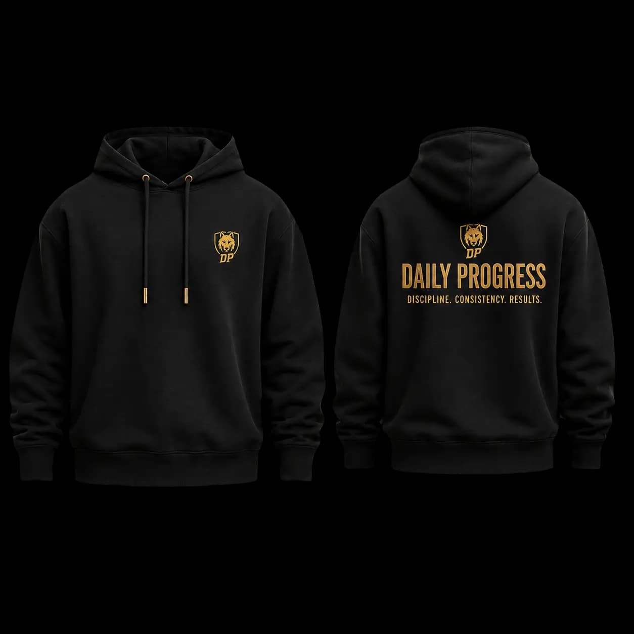 DP Premium Hoodie front and back in deep black with metallic gold branding