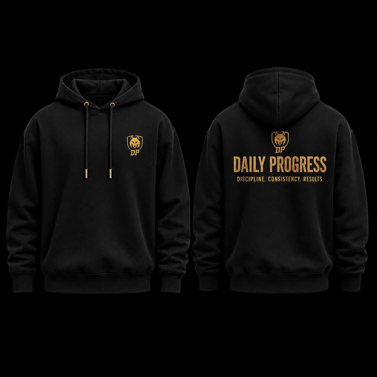 DP Premium Hoodie front and back in deep black with metallic gold branding